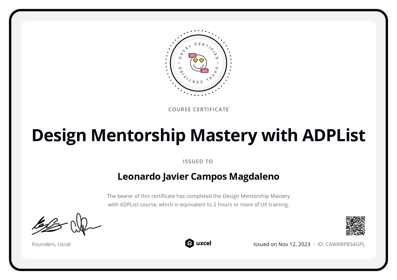 Leonardo Javier Campos Magdaleno's certificate